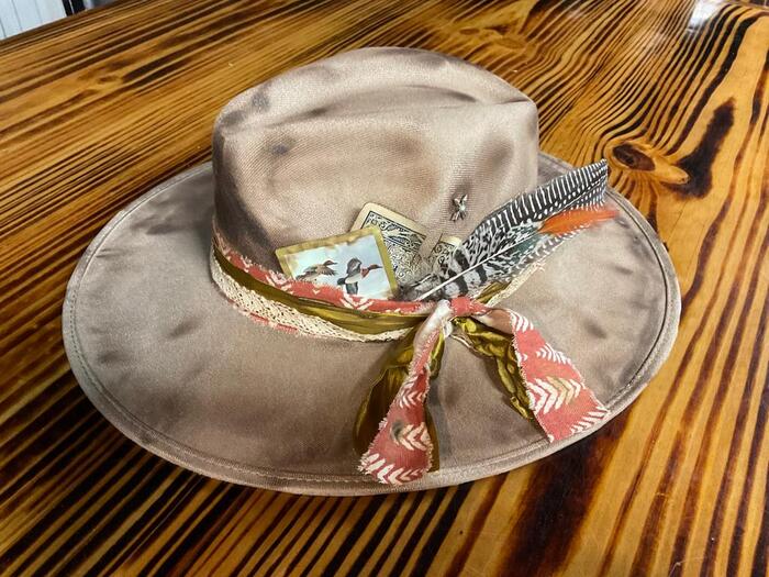 Paloma Brown cowboy hat with feathers and cards by YeeHaTx